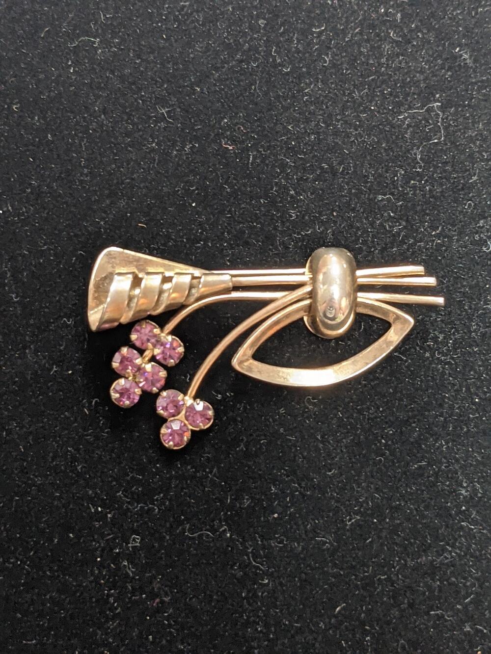 Vintage Gold Tone Pink Rhinestone Floral Bouquet Brooch Pin Minimalist Abstract